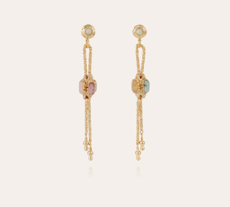 Boucles d'oreilles Serti Talisman grand modèle dorées - Améthyste, Hématoide jaune, Amazonite & Quartz rose